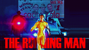 Promotional poster for The Running Man featuring a running man and bold red title text.