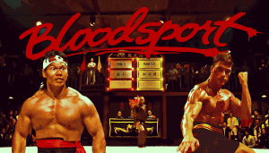 Two martial artists in a fighting scene from Bloodsport movie.