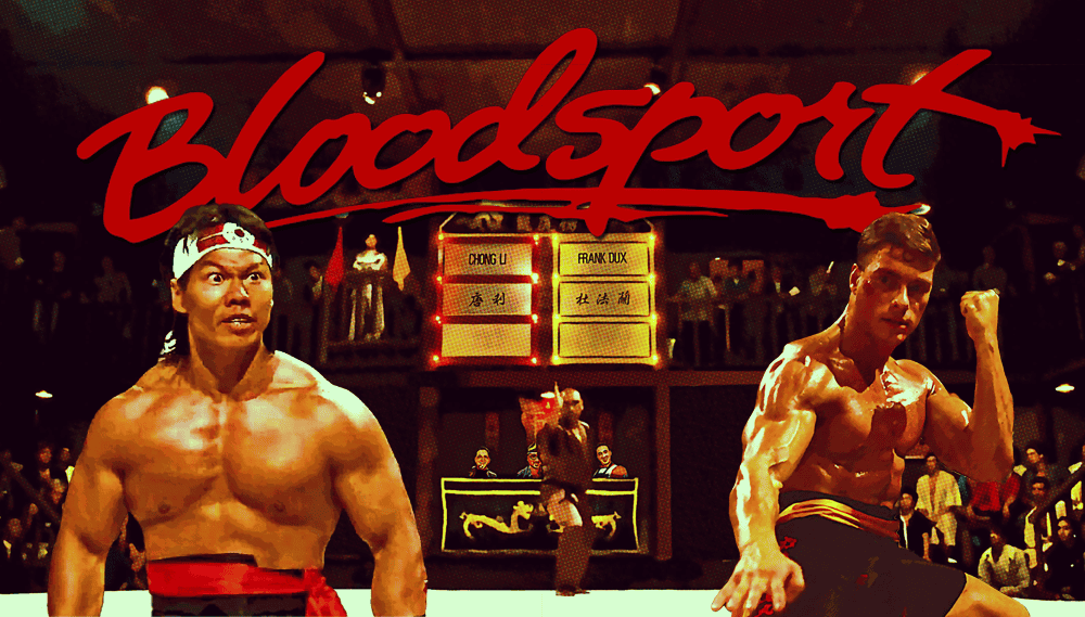 Two martial artists in a fighting scene from Bloodsport movie.