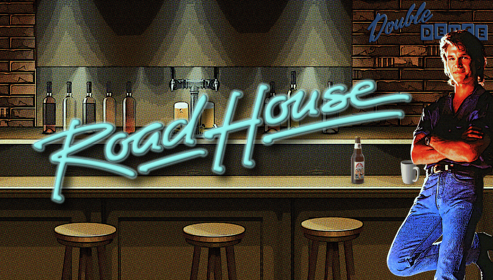 Interior of a bar with stools, bottles, and neon "Road House" sign, featuring a man leaning against.