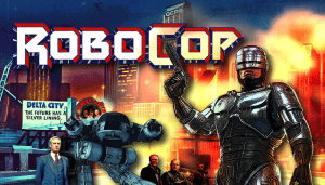 RoboCop movie poster featuring RoboCop and cityscape background.