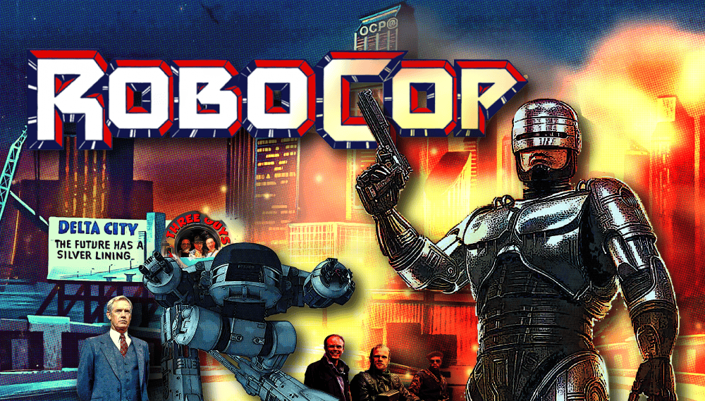RoboCop movie poster featuring RoboCop and cityscape background.