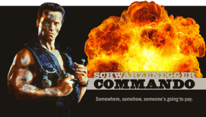 Arnold Schwarzenegger as John Matrix with explosion background from Commando film.