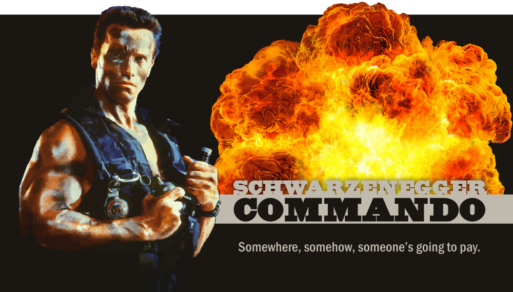 Arnold Schwarzenegger as John Matrix with explosion background from Commando film.