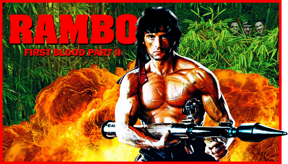 Rambo First Blood Part II movie poster featuring Sylvester Stallone holding a weapon with explosions.