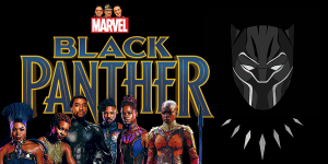 Official Black Panther movie poster featuring the main characters and the Black Panther mask.