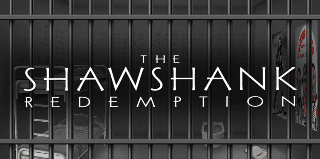 The Shawshank Redemption movie poster with title text on prison bars background.