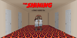 The Shining movie poster featuring two girls standing in a patterned hallway.