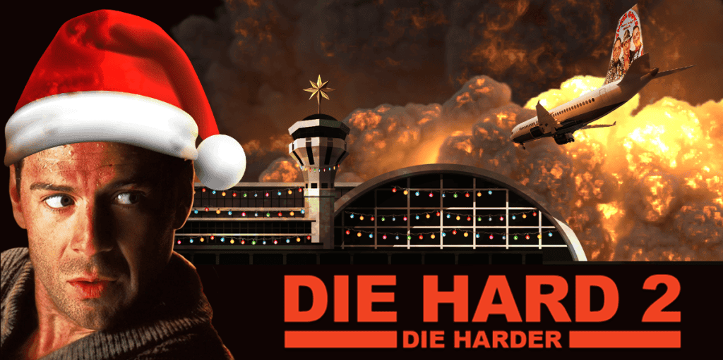 Santa Claus wearing a red hat with white trim, set against a fiery explosion and airplane crash scen.