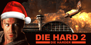Santa Claus wearing a red hat with white trim, set against a fiery explosion and airplane crash scen.
