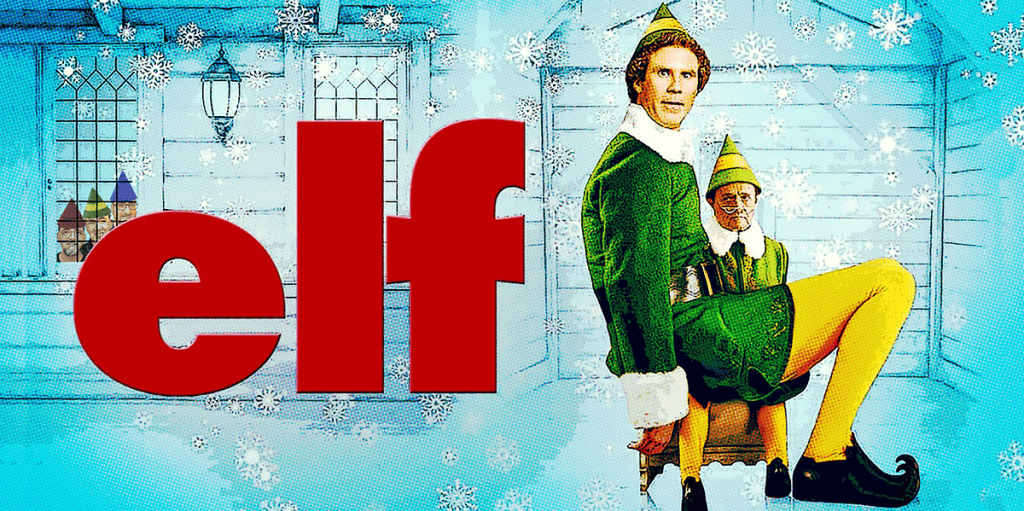Elf character sitting on a chair in a festive Christmas scene with snow and holiday decorations.