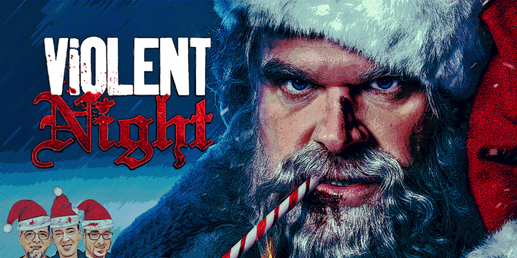 Intense close-up of Santa Claus with a fierce expression, holiday background, and a candy cane.