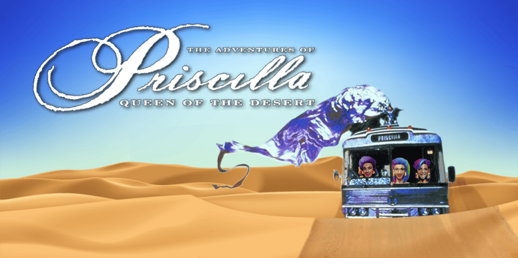 Colorful scene from "Priscilla Queen of the Desert" featuring a bus and desert landscape.