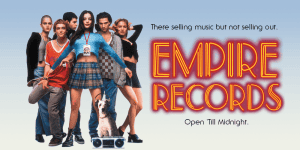 Group of young adults and a dog promoting Empire Records with neon sign and music theme.