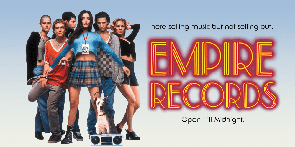 Group of young adults and a dog promoting Empire Records with neon sign and music theme.