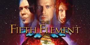 The Fifth Element movie poster featuring Bruce Willis, Leeloo, and Zorg.