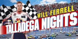 Will Ferrell as Ricky Bobby in Talladega Nights with race cars and checkered flags.