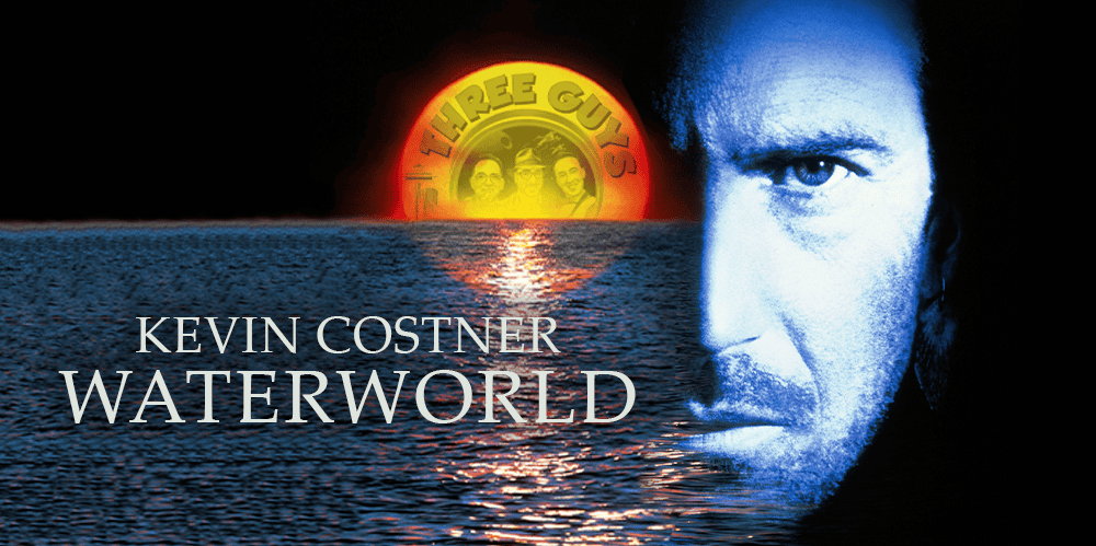 Kevin Costner in Waterworld with the 3 Guys and a Flick logo in background.