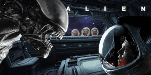 Alien creature facing a human astronaut inside a spaceship cockpit.