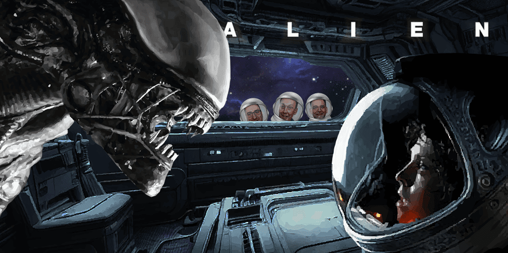 Alien creature facing a human astronaut inside a spaceship cockpit.