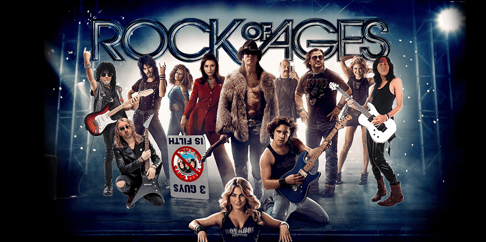 Cast of Rock of Ages musical performing on stage with guitars and microphones.