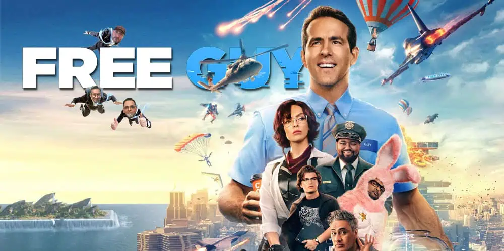 Promotional image for the "Free Guy" movie review podcast by 3 Guys and a Flick.