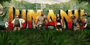 Jumanji movie poster featuring Dwayne Johnson, Jack Black, Karen Gillan, Kevin Hart in jungle settin.