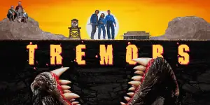 Logo of 3 Guys and a Flick podcast with movie-themed background and title "Tremors".