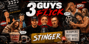 Logo of 3 Guys and a Flick movie review podcast featuring hosts and movie-themed graphics.