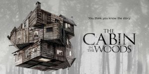 Promotional image for "The Cabin in the Woods" movie review podcast episode.