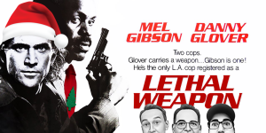 Image of Mel Gibson and Danny Glover from Lethal Weapon with holiday hat.