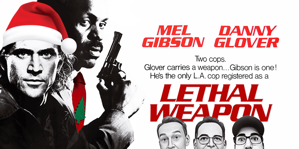 Image of Mel Gibson and Danny Glover from Lethal Weapon with holiday hat.