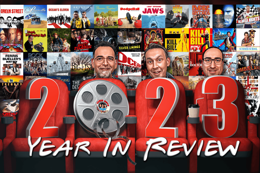 Podcast logo featuring three hosts with film reels and movie posters in the background.