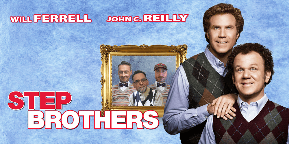 Image from "Step Brothers" featuring Will Ferrell and John C. Reilly, promoting the movie review pod.