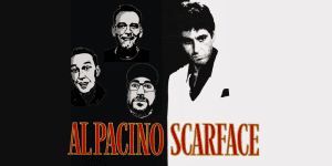 Four men discussing the film Scarface on the Al Pacino-themed podcast.