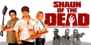 Promotional poster for Shawn of the Dead featuring the main characters with weapons.