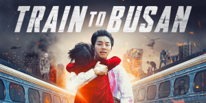 Promotional poster for Train to Busan featuring main characters on a train amid chaos.
