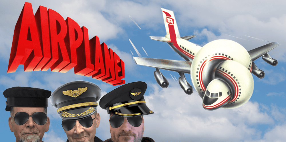 Airplane flying with pilots in uniform against a cloudy sky.