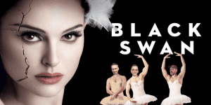 Black Swan movie review podcast featuring dancers in ballet costumes.
