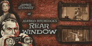 Vintage poster of James Stewart in Alfred Hitchcock's Rear Window, featuring iconic scenes.
