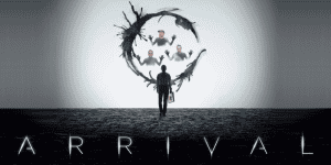 Movie poster for "Arrival" featuring a silhouetted figure and mysterious characters in a dark, atmos.