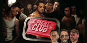 Logo of "3 Guys and a Flick" movie review podcast with a group of men watching a film.