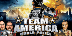 Group of actors dressed as police in front of cityscape with explosions, promoting Team America Worl.