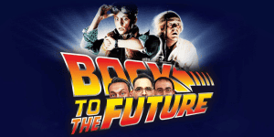 Back to the Future movie review podcast logo with characters from the film.