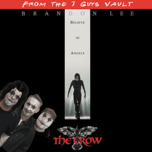 The Crow movie review podcast cover featuring the three hosts and the iconic crow symbol.