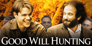 Two men smiling and talking, with a warm autumn background, discussing the film "Good Will Hunting".