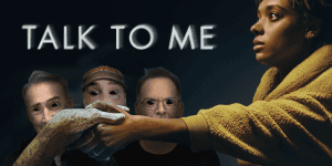Logo of the 3 Guys and a Flick movie review podcast featuring three hosts and a movie poster backgro.
