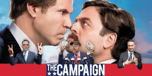 Two men face off with intense expressions, promoting the movie review podcast.