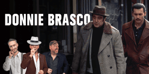 Donnie Brasco movie scene with actors walking outside building.