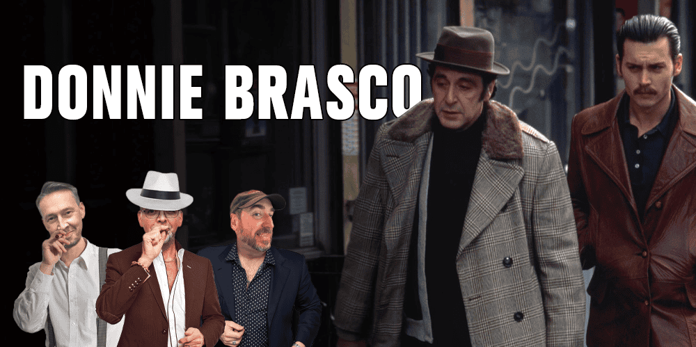 Donnie Brasco movie scene with actors walking outside building.